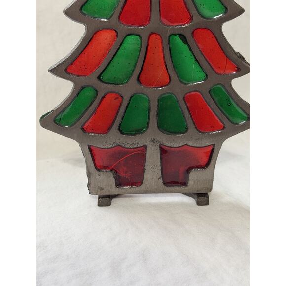 Vintage Christmas Tree Stained Glass Tea Light Votive Holder Cast Iron Taiwan - Picture 4 of 5